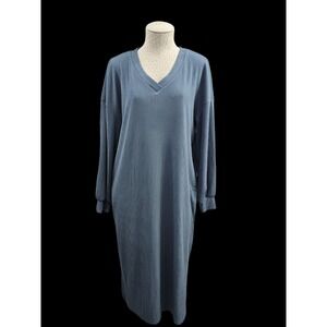 MITILLY Women's L Long Sleeve Dress Blue Ribbed V-Neck Casual Maxi W Slit EUC